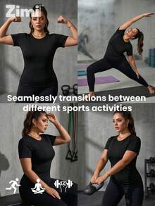 Zimi Collection Plus Size Ultra-Thin Fabric Short Sleeve Sports T-Shirt Women Black Built-In Bra Cups Breathable Yoga Gym Workout Top Slim Fit Activewear For Running - Black - View 6