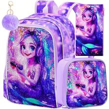 3件套儿童美人鱼亮片背包套装 - 渐变紫色星空印花，双面亮片，可调节肩带，拉链封口，可爱卡通书包，带午餐袋和铅笔袋，适合小学生和旅行 - 紫色 - 查看 2