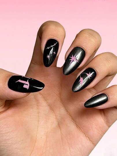 Y2K Black Acrylic Nails, 24Pcs Cat-Eye Holographic Medium Almond-Shaped Press On Nails, DIY Art Star False Nail Set, For Nail Salons, Girls And Women, Nail Accessories For Everyday Wear, Holiday Parties, And Gifts