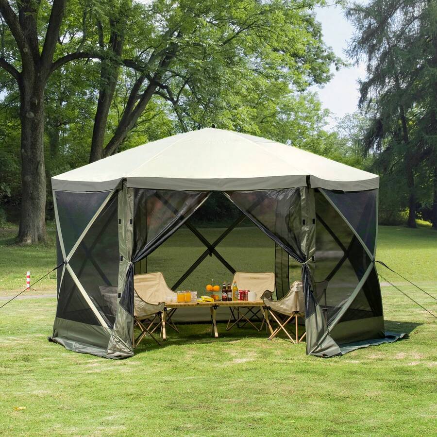 Pop Up Gazebo Tent, Pop-Up Screen Tent 6 Sided Canopy Sun Shelter With 6 Removable Privacy Wind Cloths & Mesh Windows, 12x12FT Quick Set Screen Tent With Mosquito Netting, Army Green - 12x12FT, Army Green - 查看 1