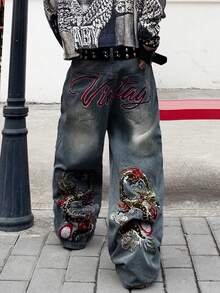 1 buc. Pantaloni largi brodați pentru bărbați, stil american, la modă stradală, stil american, blugi versatili, lejeri, casual, confortabili, pentru naveta, pentru toate anotimpurile (fără curea sau accesorii) - Dusty Blue - Vizualizare 6