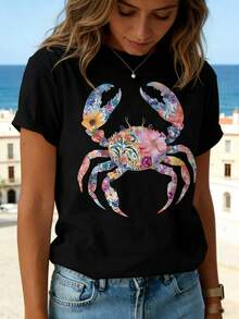 Flower Crab, A Must-Have New Product For Summer. Suitable For Both Spring And Summer Seasons. Comfortable Casual Women's Spring Summer T-Shirt Round Neck, Soft Feel, Ideal Gift For All Occasions. -Casual T-Shirts ,T-Shirt- Oversized Casual Short Sleeve Round Neck Tee, Soft Breathable Fabric For Holiday Parties& Gift Giving - 黑色 - 查看 8