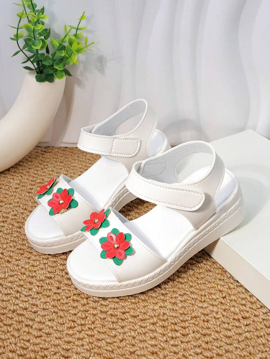 Dép xăng đan trẻ em, giày bé gái, giày cao gót mùa xuân/hè mới, giày cao gót đế dày họa tiết hoa cho trẻ lớn, giày công chúa trắng kiểu retro đi biển, dép xăng đan kín mũi dành cho học sinh biểu diễn. - trắng - Xem 1