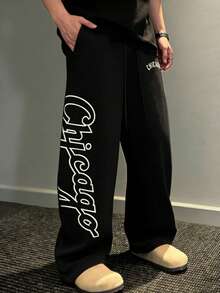 男士休闲裤，直筒条纹设计，抽绳裤脚，尼龙速干面料，宽松阔腿裤 - 黑色 - 查看 2