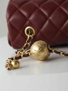Fashion Patchwork Flap Crossbody Bag - Burgundy With Decorative Ball Gold Chain Shoulder Strap, Pebbled Leather - Suitable For Daily Use/Parties - 酒紅色 - 查看 5