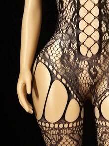 Valentine's Day Gift: Dress And Pant Set, Mesh Stockings, Perforated Design, Transparent Mesh Interwoven Fabric - màu đen - Xem 2