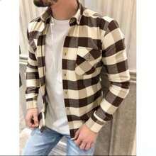Men's Slim Fit Long Sleeve Flannel Plaid Shirt With Pocket - 米棕 - 查看 1