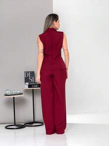 New Tailored Set Consisting Of Vest And Wide-Leg Trousers C6608 - Burgundy - View 2