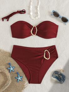 Women's Solid Color Halter Neck Bikini Two Pieces Set, With Metal Accessory In The Middle, Suitable For Island Vacation Beach Summer - Burgundy - View 2