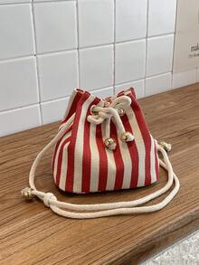 1pc Mini Striped Drawstring Detail Wallet, Summer Beach Pouch, Beach Essential, Beach Accessories, Beach Bag And Summer Necessity - Red - View 8