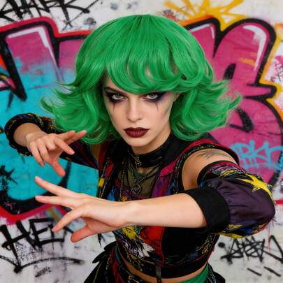 Tóc giả ngắn xoăn màu xanh lá cây sáng, kiểu bob, chất liệu tổng hợp, có mái, thích hợp cho nữ, dùng trong cosplay anime, chịu nhiệt cao, kiểu tóc gợn sóng tự nhiên, lý tưởng cho các dịp lễ hội, Comic Con, sự kiện theo chủ đề, tiệc hóa trang và sử dụng hàng ngày, dễ tạo kiểu và bảo quản.