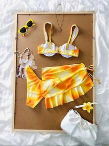 3-Piece Solid Color Tankini Swimwear Set, Wide Strap Design With Underwire For Comfortable Support, Fashionable Beach Style, Perfect For Summer Beach & Pool Parties Vacation White - Orange - View 5