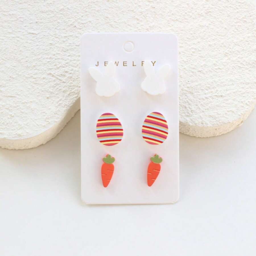 3 Pairs/Card Acrylic Carrot, Easter Egg, Rabbit Mixed Earrings, Cute & Elegant Ceramic Texture, Suitable For Daily, Party, Holiday Gift - Y1161 - View 1