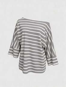 Camiseta casual holgada de mujer con cuello asimétrico, mangas tipo murciélago y rayas, para verano y primavera - Gris - Ver 3