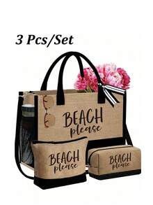 一套女士沙滩手提包，印有“Beach Please”字样，大容量设计，搭配黑色时尚太阳镜、沙滩帽和两个化妆包。轻便可重复使用的购物袋、迷你零钱包、多功能收纳袋，适合周末度假、工作和日常生活。 - 彩色 - 查看 13