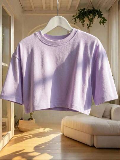 Camiseta de manga corta de cuello redondo holgada y corta de unicolor, adecuada para usar en primavera y verano, silueta simple y limpia, esencial del guardarropa, estilo casual/minimalista/elegante/sexy/streetwear/Y2K, adecuada para uso diario/oficina/hogar/calle, top lindo, elegante para mujer, sexy para discoteca, camiseta de verano, top de verano lindo, brunch, casual para mujer, primavera, top de verano, de vuelta a la escuela, otoño para mujer