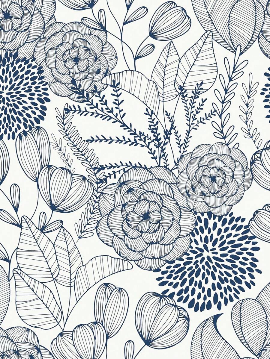 海军蓝花卉图案自粘墙纸,蓝白相间,海军蓝花卉图案,自粘可移除防水墙纸,适用于浴室装饰 - 1PC - 查看 1