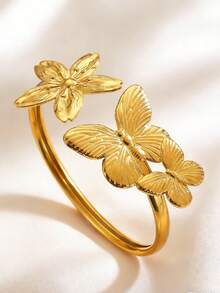 1件复古花卉蝴蝶宽手镯,女士简约休闲百搭手镯,适合日常佩戴、节日、派对、夏季海滩度假,不锈钢饰品配饰 - 金黃色6 - 查看 9