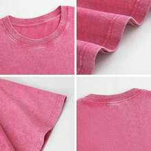 Women's Pink Streetwear T-Shirt, Short Sleeve Round Neck Casual Top With Print, Regular Fit And Slight Stretch Fabric, Y2K Style - 玫瑰紅加厚款 - 查看 3