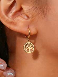 Anting-anting hoop geometris pohon kehidupan dari baja tahan karat yang modis, ringan, mewah, menarik, indah, imut, minimalis, dan unik, cocok untuk pakaian pria dan wanita di musim semi, musim panas, musim gugur, dan musim dingin, untuk bekerja, belajar, kencan, bepergian, konser, pesta, dan berbagai hari libur. - Pohon Kehidupan Emas - View 3