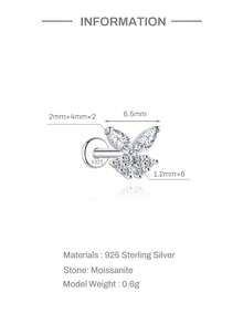 EleRunis 1PC 0.1ct Moissanite Diamond 925 Sterling Silver Butterfly 18K Gold Plated Flat Back Cartilage Helix Threaded Piercing Fine Jewelry For Daily Wear Wedding Party Engagement Anniversary Valentine's Day - Silver - View 8