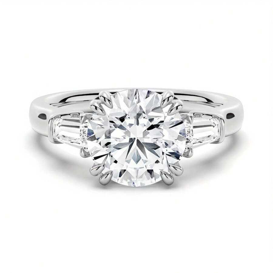 Moissanite Engagement Ring, 1.5-3 CT Round Cut D Color VVS1 Moissanite With Conical Rectangle Side Stone, Ladies Gift - White [Silver + 2 Carats Moissanite] & 7 - View 1