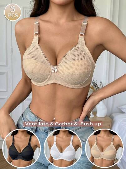 yalisi 3件装女士透气网眼无钢圈文胸，带钢圈，提拉支撑，适合户外运动、居家、日常休闲穿着