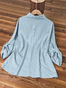 Camisa de mujer casual de lino de unicolor con mangas enrollables y detalles de botones, de manga larga, para primavera - Azul - Ver 9