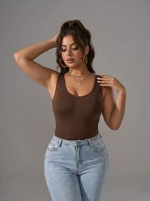 Zimi Collection Body sans couture grande taille, débardeur sans manches avec snap entre-jambes, vêtement d'activité, yoga, gym, entraînement, décontracté, basique - Acajou - Voir 3