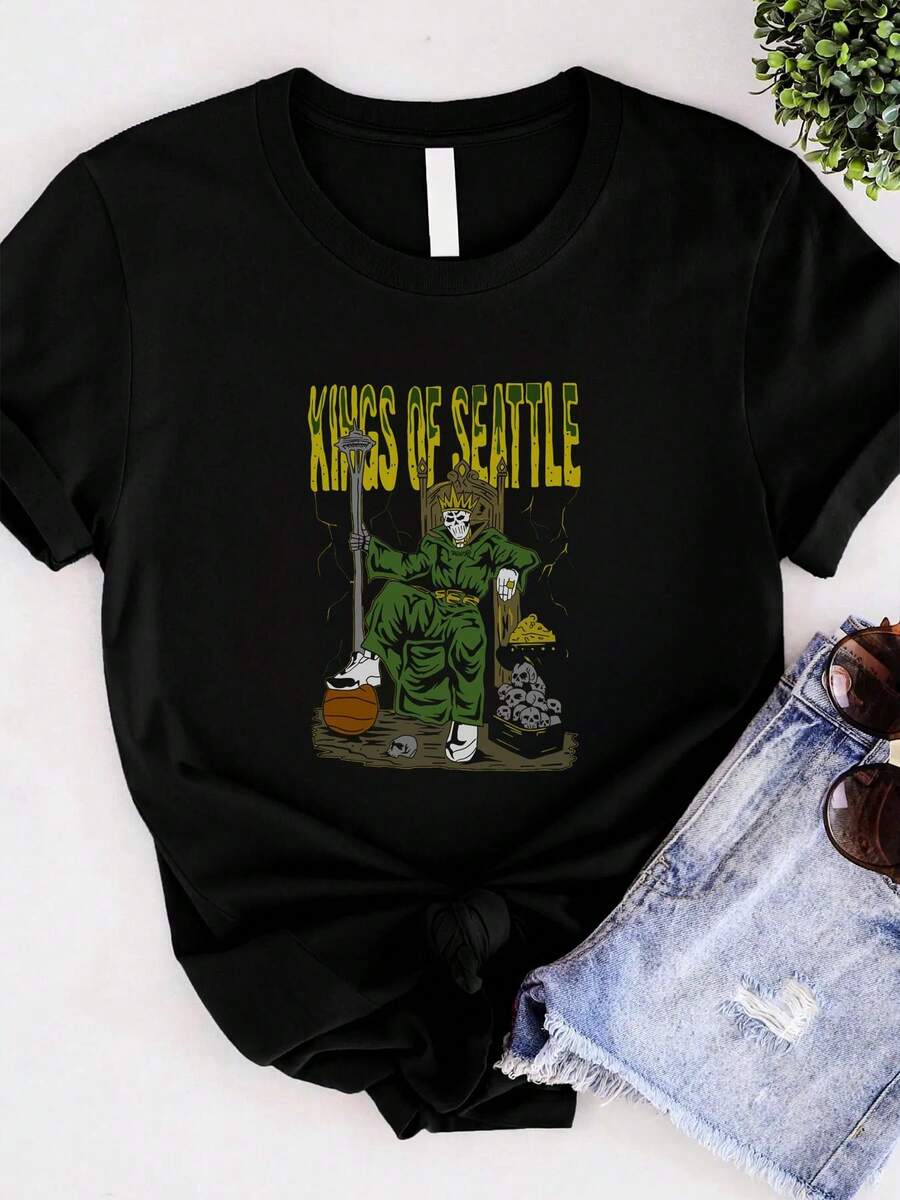 T-shirt femme imprimé inspiré de la ville de Seattle et des Supersonics de basket-ball. Tailles S à XL. T-shirt oversize de qualité, manches longues ou courtes - Noir - Voir 1