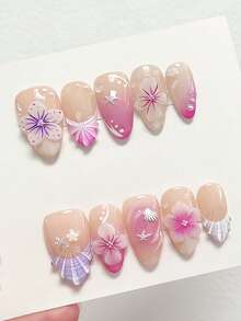 10片可爱日常INS风坏女孩优雅Y2K手绘紫白贝壳图案腮红渐变3D花卉水滴珍珠银色海星贝壳杏仁美甲贴纸 - 彩色 - 查看 1