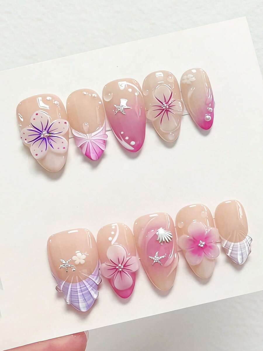 10片可爱日常INS风坏女孩优雅Y2K手绘紫白贝壳图案腮红渐变3D花卉水滴珍珠银色海星贝壳杏仁美甲贴纸 - 彩色 - 查看 1
