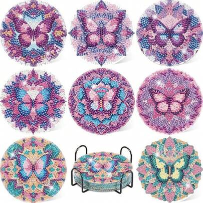 8件套钻石画杯垫套装，蝴蝶图案杯垫（带支架） - 家居装饰DIY钻石艺术工艺套装，适合初学者，钻石画工艺用品，人造钻石艺术工艺礼品
