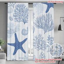 2pcs Ocean Coral & Starfish Printed Curtains, 2D Digital Printing, Blue Seaweed, Seashell And Starfish Printed On White Textured Background, Ocean Theme Design, 100% Polyester Sheer Curtain, No Lining, Suitable For Living Room, Bedroom And Beach House Decor - Multicolor - View 2