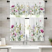 1/2/3pcs Spring Flower Kitchen Window Curtains Valance And Tier Set , Pink And Purple Floral Summer 3pcs Set Short Curtains For Window Treatment Tiers For Living Room Bedroom - 1件-60*18吋(152*46公分) - 查看 3