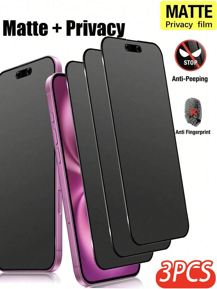 BOLLYMORE Shockproof Phone Screen Protector 3pcs Matte Privacy Screen Protector, Compatible With 17/16ProMax/16E/16Plus/15ProMax/14/13/12/11/17e, 2.5D Anti-Fingerprint Matte Privacy Screen Protector, Full Coverage, Ceramic Matte Screen Protector, 9H Anti-Peeping Matte Privacy Film Mother's Day Gift - 3pcs Matte Privacy - View 1