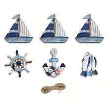2D Flat Design, 3 Sets Of Summer Ocean Theme Decorations, Wooden Sailboat Pendant, Ocean Animal Decorations, Home Pool Party And Holiday Decorations, 2D Flat Design - Multicolor - View 6
