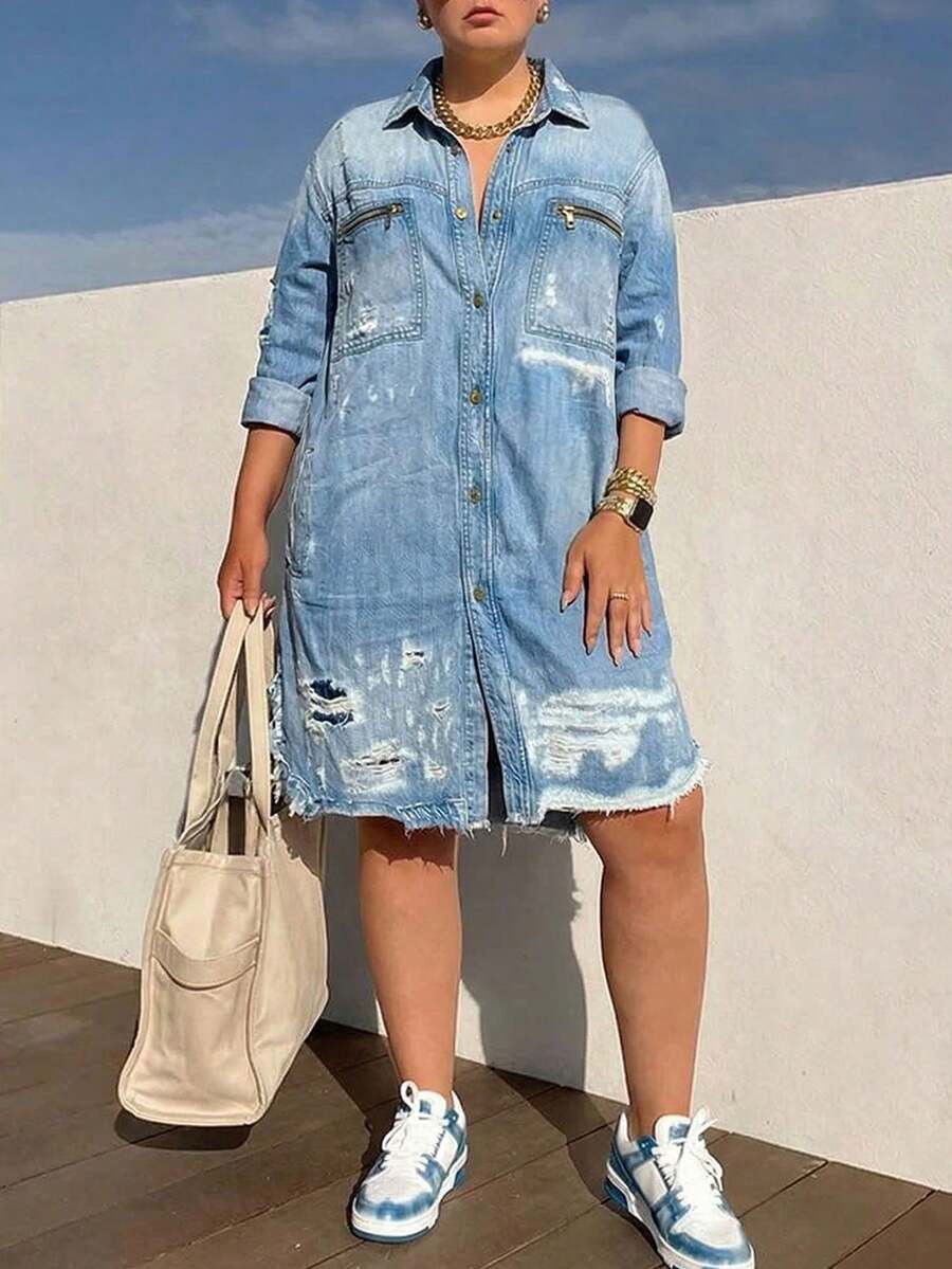 GLOURI Women's Blue Distressed Shirt Dress - Flap Pocket & Frayed Raw Hem Detail | Casual Edgy Fit For Weekend Dates, Beach Vacation Cover-Ups, Casual Hangouts & Summer Day Outings (Bold Distressed Design) For Effortlessly Cool Stylish Looks - Màu xanh lam - Xem 1