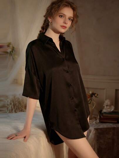 1pc Women's Sexy Silky Boyfriend Style Solid Color Loose Short Sleeve Thin Shirt, Suitable As Sleepwear Or Outerwear