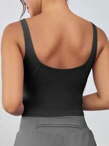 1pc Women's Short Tight-Fitting Nylon Racerback Tank Top With Removable Padded Bra, Slimming, Suitable For Spring/Summer Black Sports - Black - View 2