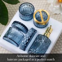 5-Piece Blue Diamond-Cut Glass Bathroom Accessories Set, Includes Soap Dispenser, Soap Dish, Toothbrush Holder, Tumbler & Cotton Swab Jars, Modern Crystal Decor For Bathroom - Housewarming Gift - Màu xanh lam - Xem 3