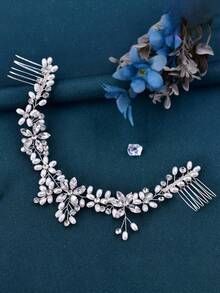1pc Crystal & Rhinestone Decor Bridal Bridesmaid Hair Comb, Luxurious Hair Accessory For Wedding, Banquet, Party,Summer,Beach - 63322 Silver - View 2
