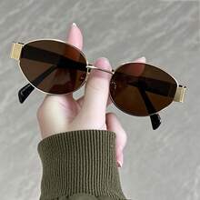 一副男女通用的复古椭圆形镜框太阳镜，合金材质，UV400 防紫外线，Y2K 复古风格，街头风拍照设计 - 彩色 - 查看 3