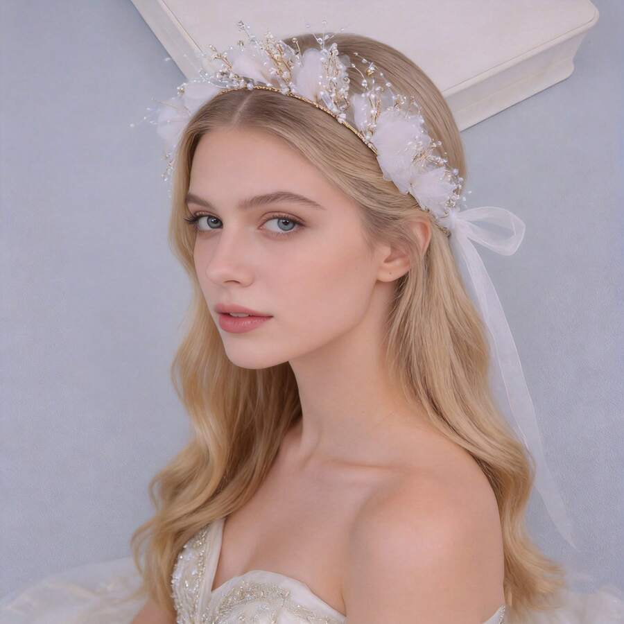 1 chiếc băng đô cài tóc cô dâu bằng lụa chiffon thủ công, phụ kiện tóc cưới - Vàng - Xem 1