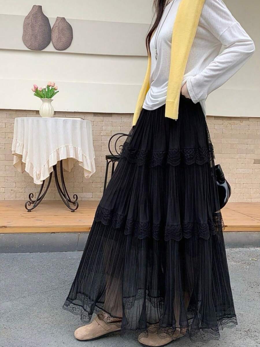 2026 Spring/Summer New High Waist Lace & Mesh Patchwork Pleated A-Line Skirt, Slimming Flowy Flared Skirt Black
