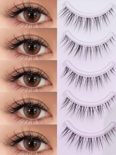 5-12mm, 5 pares de pestañas postizas naturales de grupos de chicas japonesas y coreanas, raíces de pestañas transparentes, suaves y cómodas, estilo coreano cómodo, exquisitas y realistas, duraderas, reutilizables, herramientas de belleza de moda y populares. El estilo de pestañas favorito para las chicas japonesas, coreanas y europeas