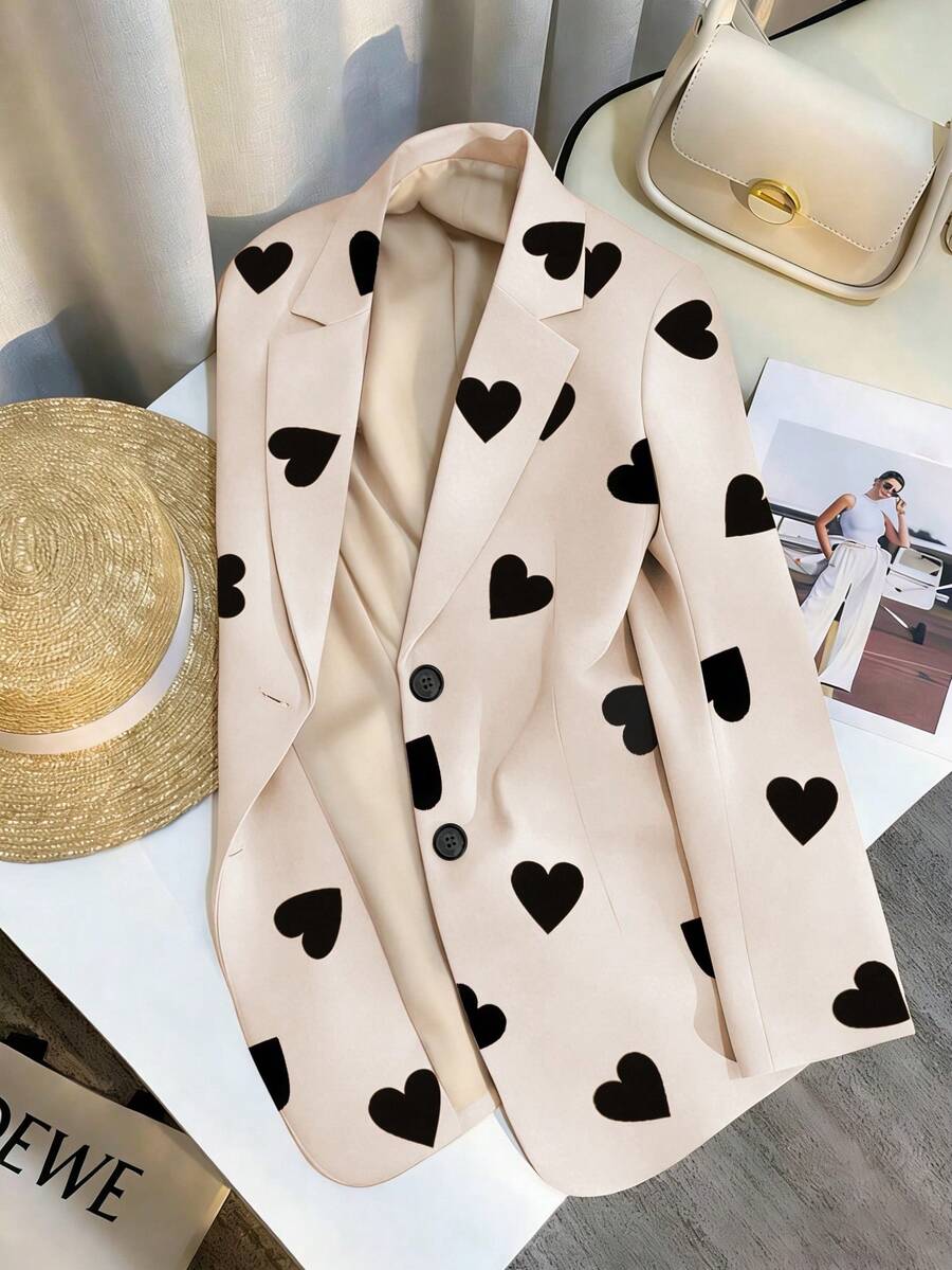 1pc Women's Elegant Heart Print Contrast Button Front Blazer Jacket, Suitable For Commuting, Office, Daily Wear, Spring/Summer Vacation - Apricot - View 1