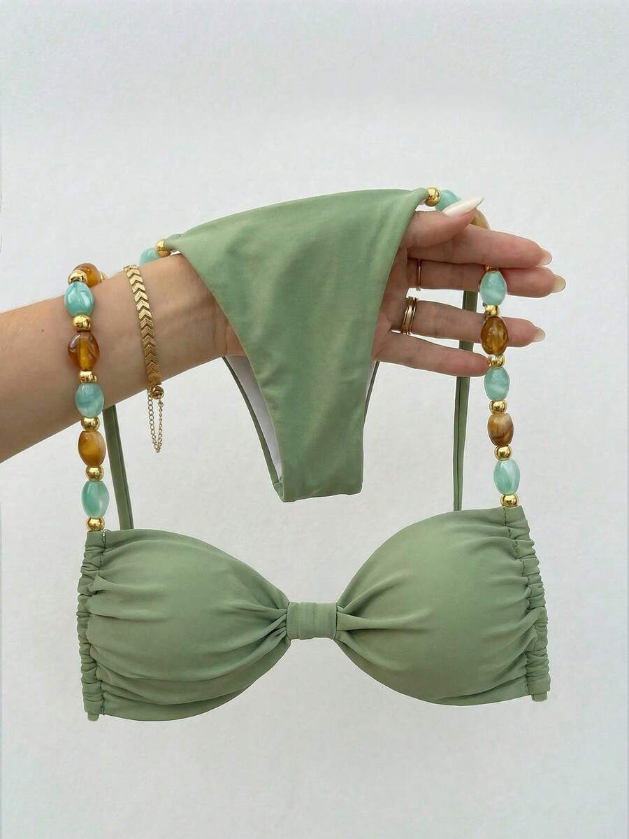 Bikinx Women's Elegant Halter Backless Beaded Bikini Set High Cut Boho Swimwear With Tie Back Details And High Stretch Fabric - Green - View 1