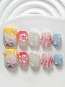10片夏季海洋風手工穿戴甲，Polygel美甲套組，海星、貝殼與花瓣裝飾，藍白配色，獨特風格，含美甲工具，3種尺寸可選：方型、短方型、杏仁型，適合派對、舞會、日常配戴 - 彩色 - 查看 15