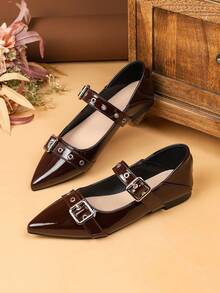 女士尖头平底鞋，2026春夏新款休闲软底乐福鞋，英伦风工作鞋，大码41-43 - 咖啡棕 - 查看 2